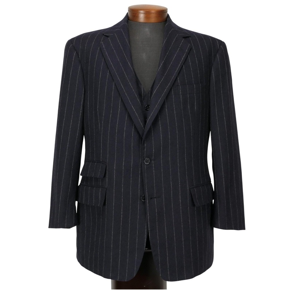VTG Polo Ralph Lauren 42R Navy Flannel Wool Striped Suit Jacket Vest Set USA 90s
